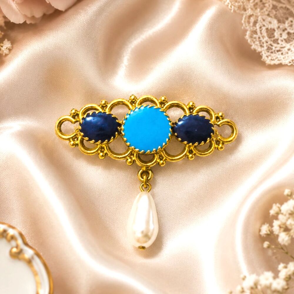Vintage Enamel Pearl Drop Gold Tone Bar Pin Brooch